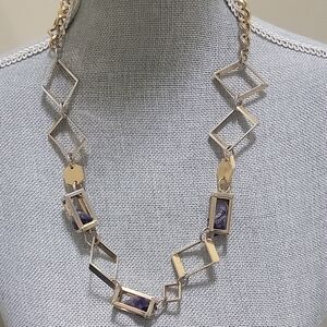 Vintage Geometric design accent gold toned chain necklace w/ amethyst crystals